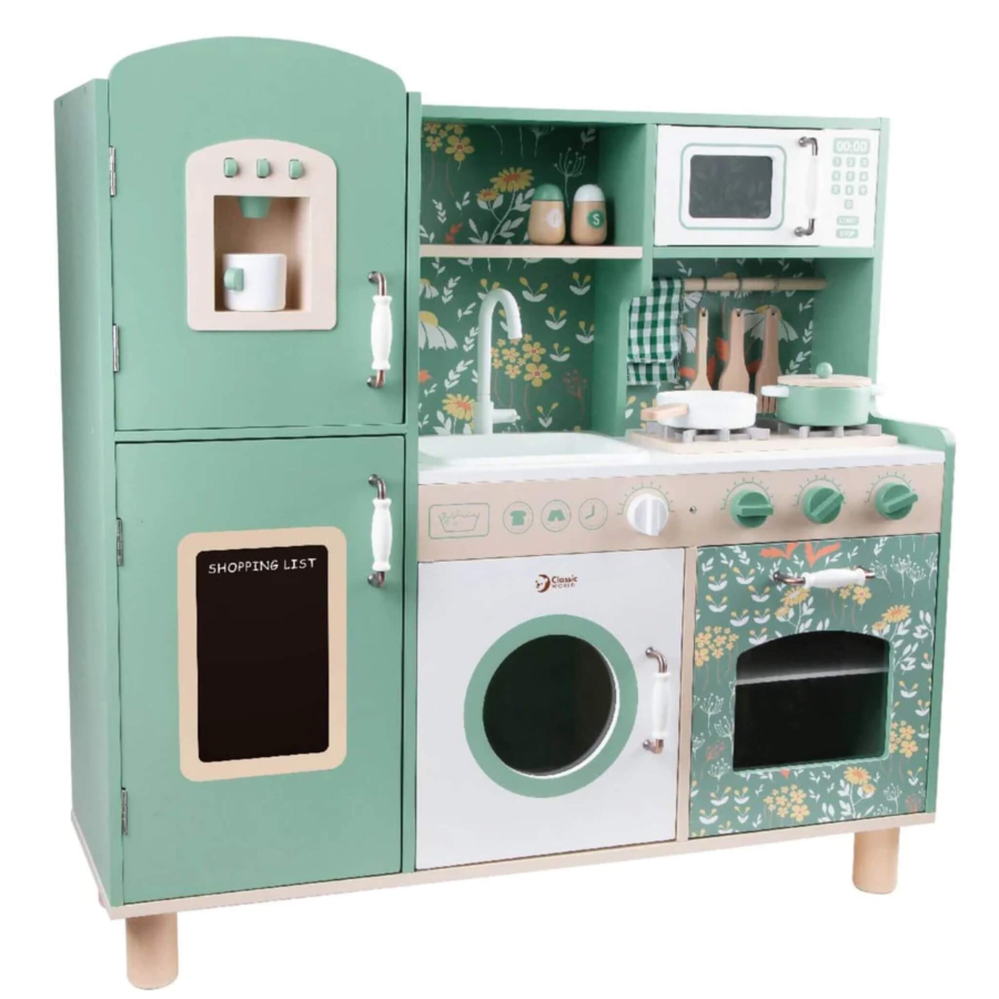 A Classic World Vintage Kitchen playset in green and cream, featuring a fridge, oven, microwave, sink, washing machine, and floral detailing throughout.