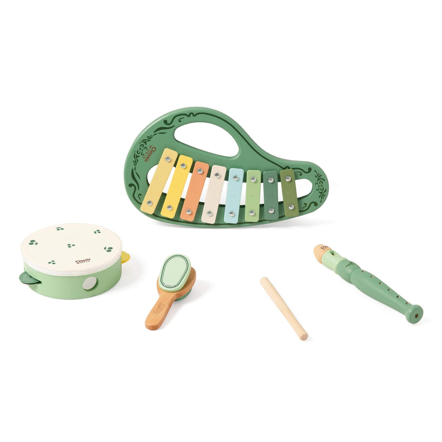 Classic World Vintage Music Set featuring a xylophone, tambourine, maracas, and recorder, perfect for introducing children to music.