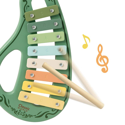 Close-up of vintage inspired wooden xylophone, featuring pastel-coloured keys with labelled notes and a wooden mallet.
