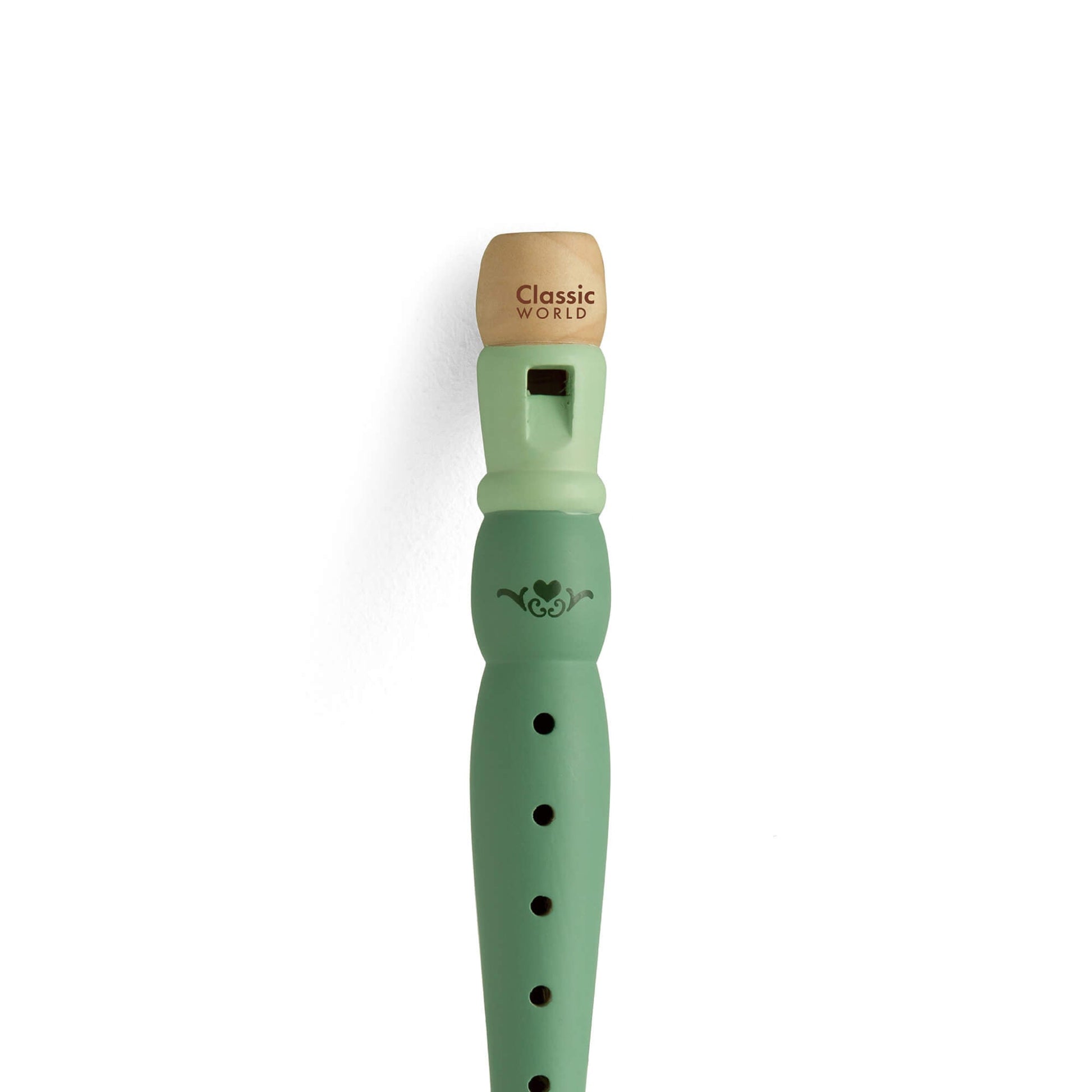 Close-up of a kids wooden green recorder, featuring a wooden mouthpiece and elegant decorative detailing.