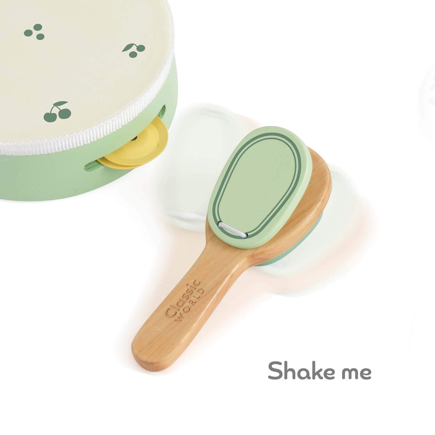 Close-up a vintage inspired wooden toy tambourine and maraca, featuring soft pastel colours and natural wood for sensory play.