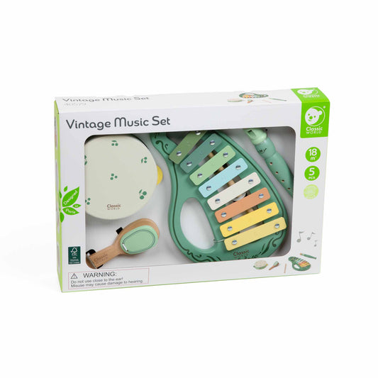 A vintage inspired toy music set inside its packaging, showcasing tambourine, xylophone, maracas, recorder, and wooden mallet, suitable for ages 18 months+.