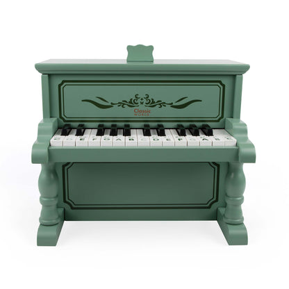 Classic World Vintage Piano in green with decorative details, featuring labelled keys for early learning and a charming retro design.