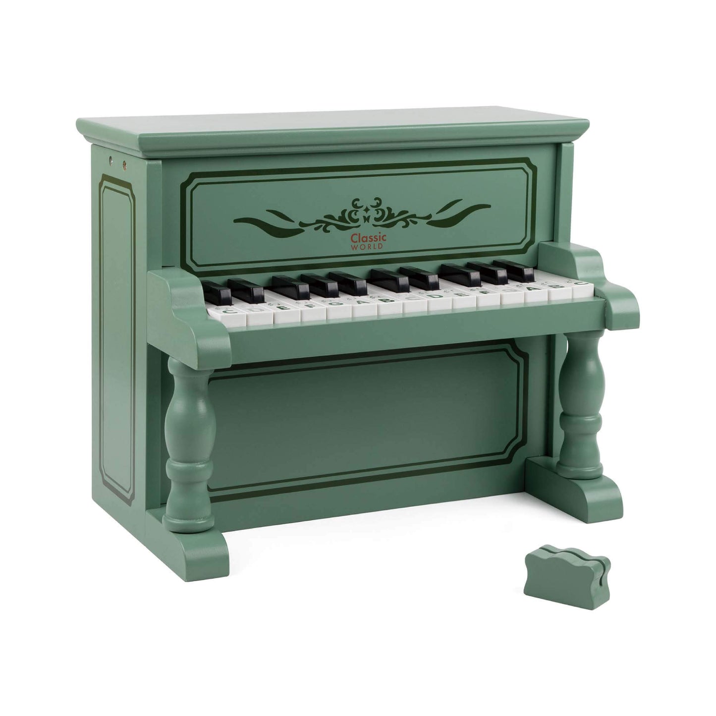 A wooden toy vintage-inspired piano in green with elegant decorative details and alphabet labelled keys, ideal for early music learning.