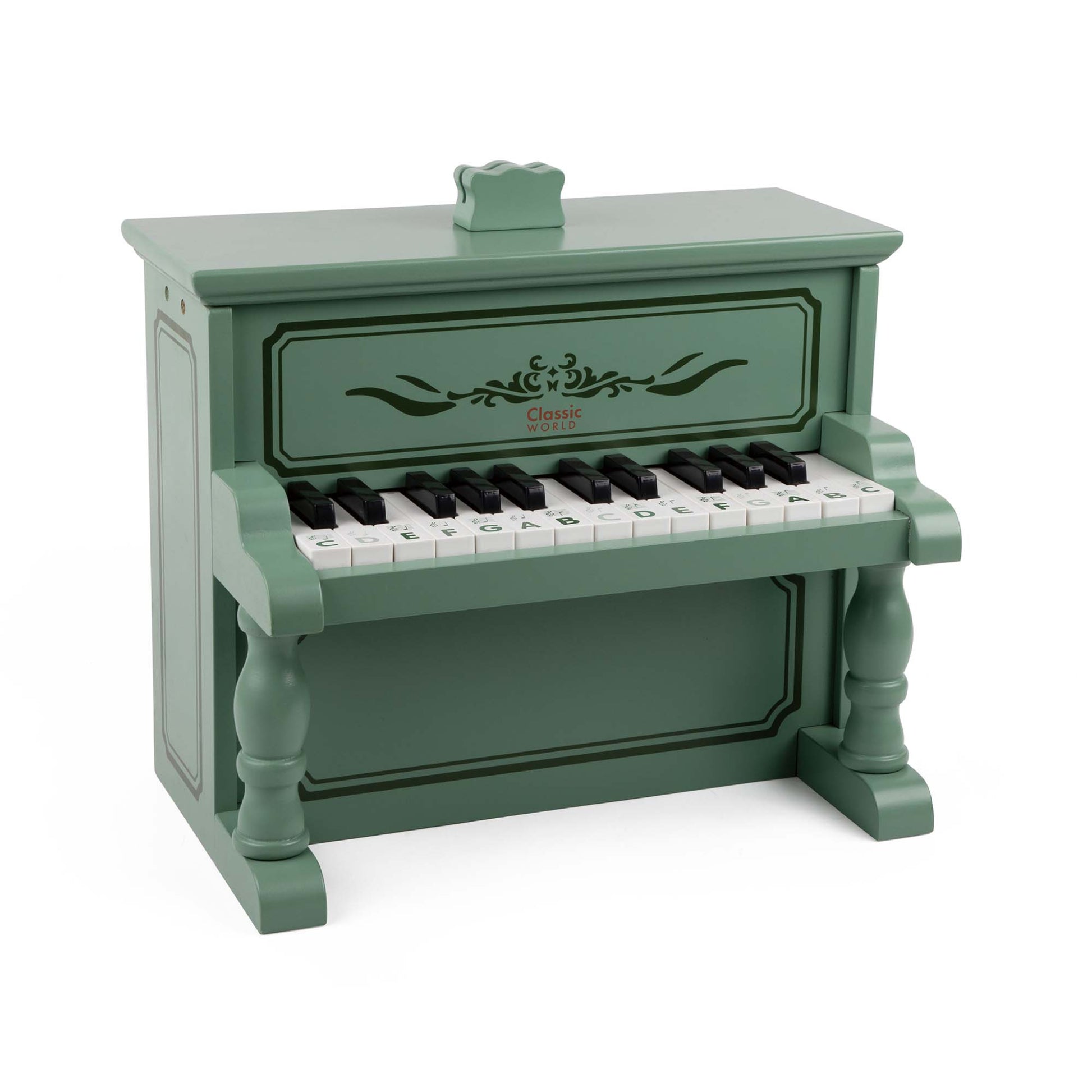 Toy wooden vintage-style piano in green with intricate decorative details. Compact design, perfect for introducing music to children.