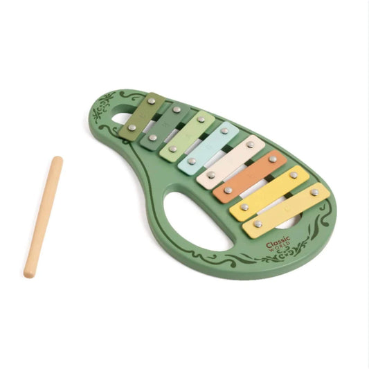 A Classic World vintage xylophone with a curved green wooden base and eight pastel-coloured metal keys, shown alongside a wooden mallet.