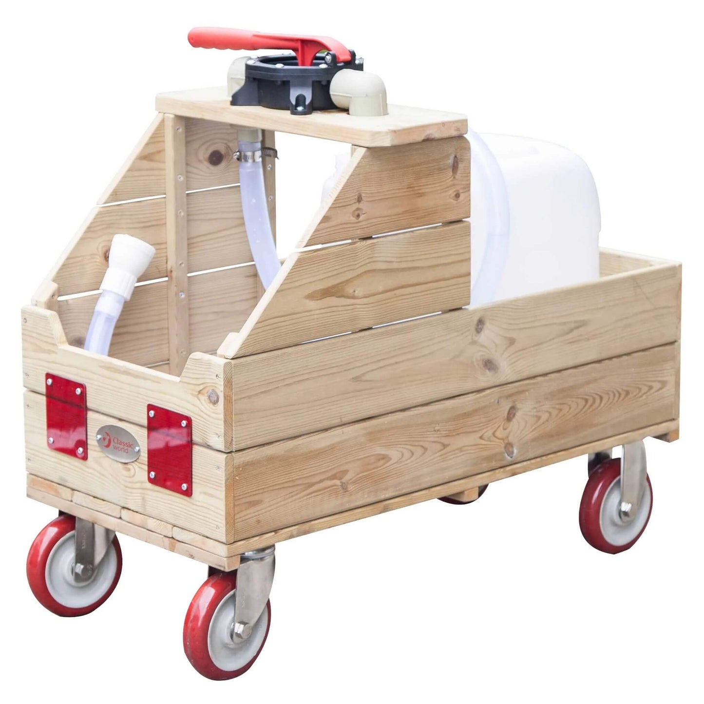 A toy wooden watering cart on red caster wheels with a pump handle, water container and hose for outdoor water play and garden use.
