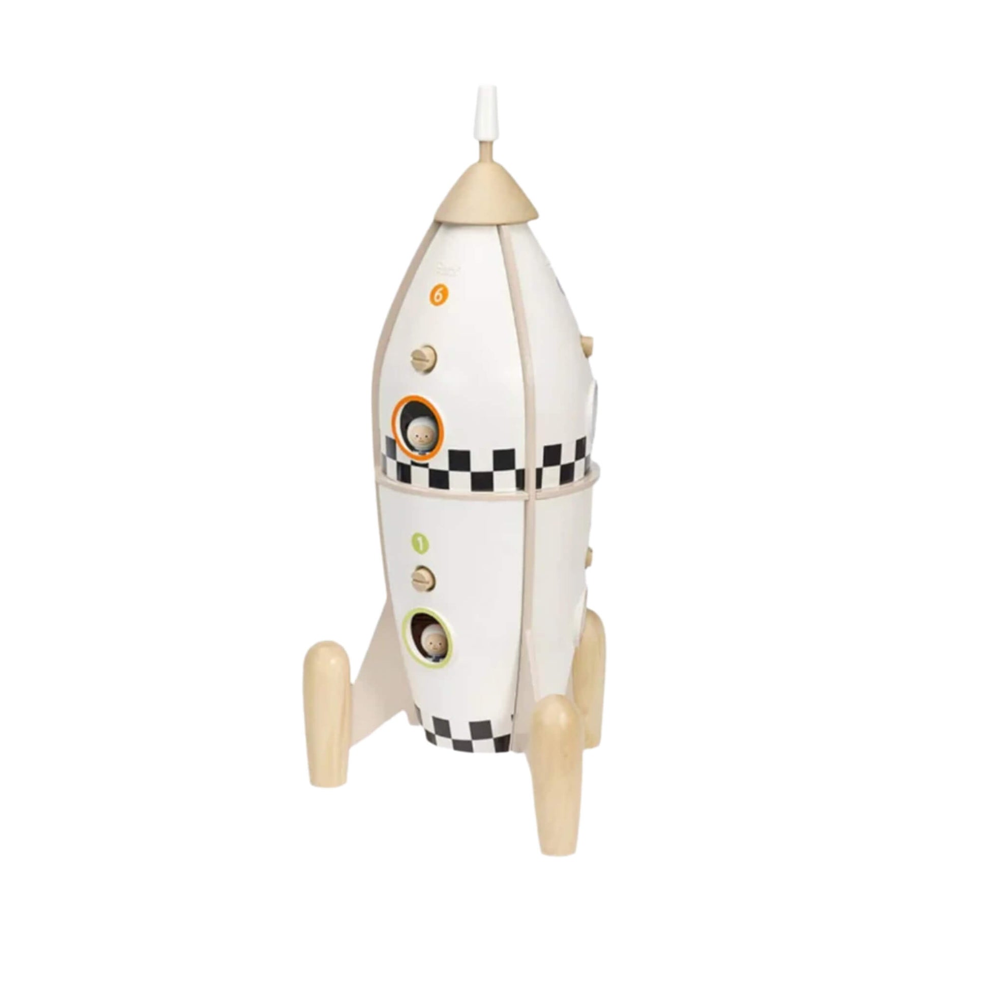 A wooden rocket toy shown from the back at a slight angle, featuring round windows with astronaut heads inside and numbered levels with wooden bolts and a checkered design.