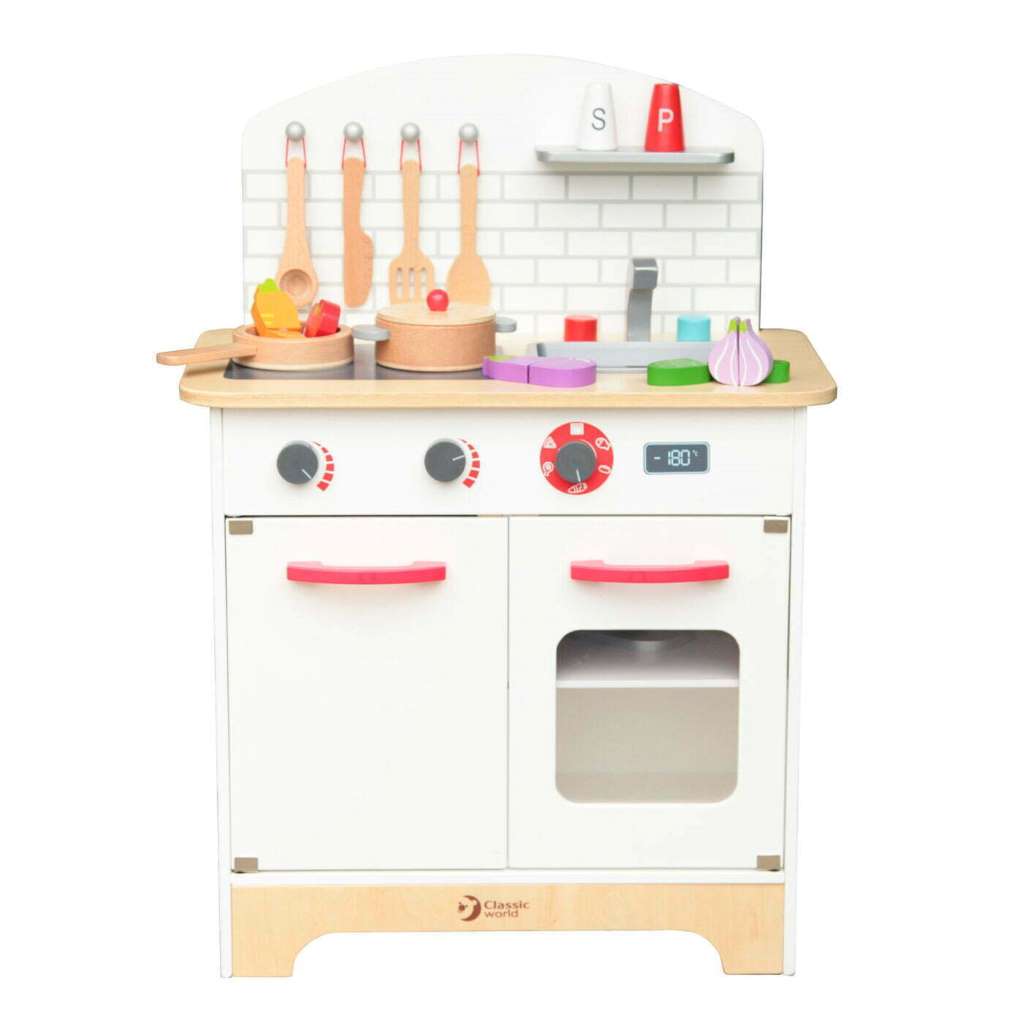 The Classic World Chef’s Kitchen offers a multi-functional design to encourage various cooking activities. Includes various accessories like play food as well as cooking utensils and seasoning items , which adds to the realism and fun of the role-playing experience.