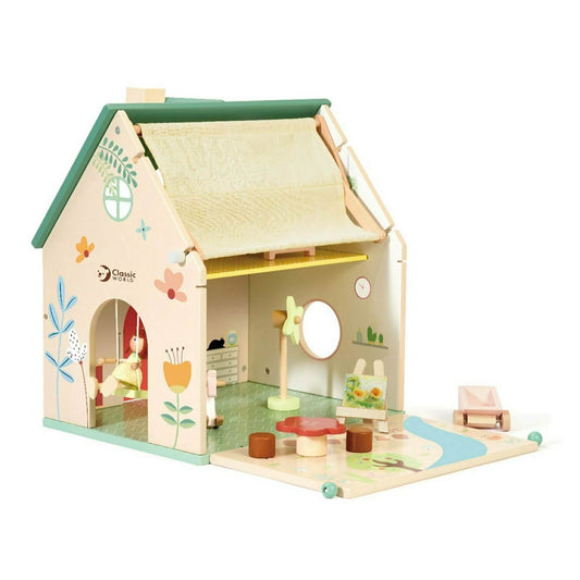 Wooden Flower cottage,  includes a doll, swing, rocking horse, art easel ,bridge, and garden cart.