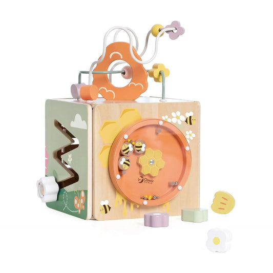 Wooden Toddler's Activity box with honeybee inspired theme.