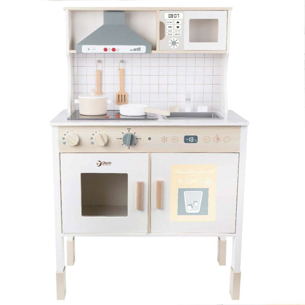 This beautiful and modern kitchen playset offers a fantastic way for children to be introduced to the world of cooking and kitchen activities. It can provide hours of enjoyable and educational play, stimulating their imagination and creativity while also promoting fine motor skills and role-playing abilities.