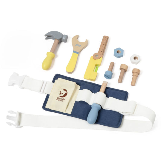 Classic World Kid's canvas tool belt, complete with a hammer, spanner, spirit level, ruler, screws, bolts, screwdriver, and an adjustable belt.