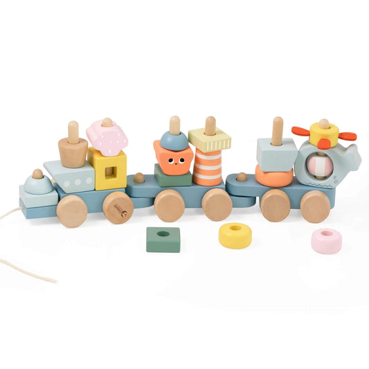 Wooden Pull Ocean toy with an array of different building blocks in pastel colours.
