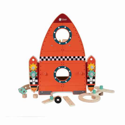 Combine your building skills with your galactic dreams in this Rocket Workbench, perfect for children who prefer interactive learning. Complete with 51 pieces consisting of a screwdriver, wrench, hammer, ruler, screws, nuts, gears, etc, this rocket is bound to become a masterpiece after your little one has built their dream workbench.