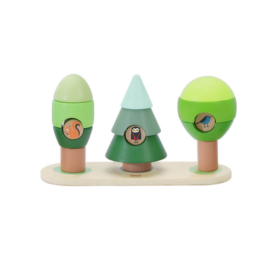 
Classic World Forest Stacking Rings Wooden Toy, featuring three trees. Each tree houses a cute animal - a squirrel, an owl, and bird.