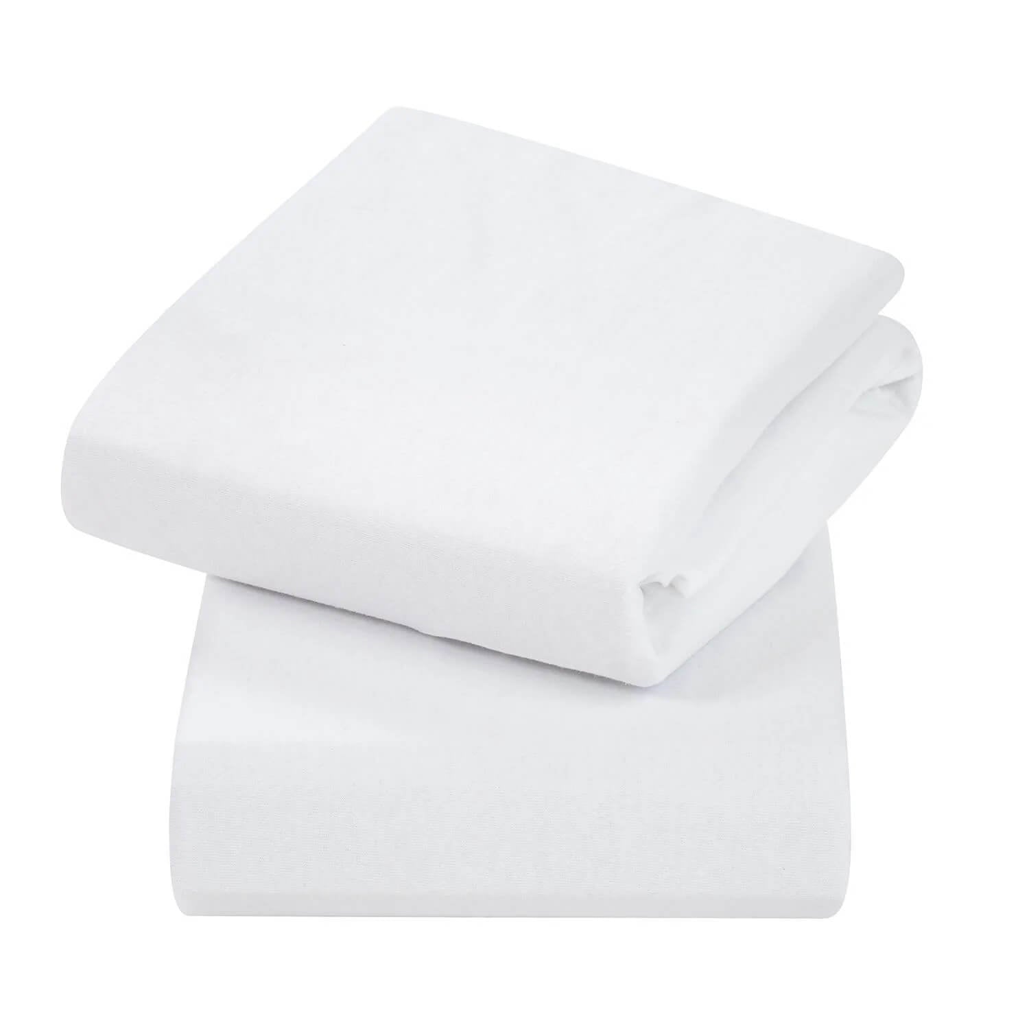Super soft 100% jersey cotton sheets. Deep Elastic skirts: with 360 elastic flap for secure fitting. 2 pack of fitted sheets for cotbed in white.