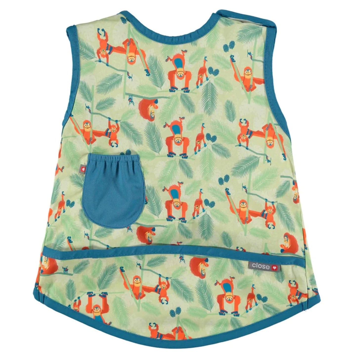 Close Apron Bib with Orangutan design  shown from the front with a sleeveless apron shape, teal trim and an orangutan print in orange and green tones.