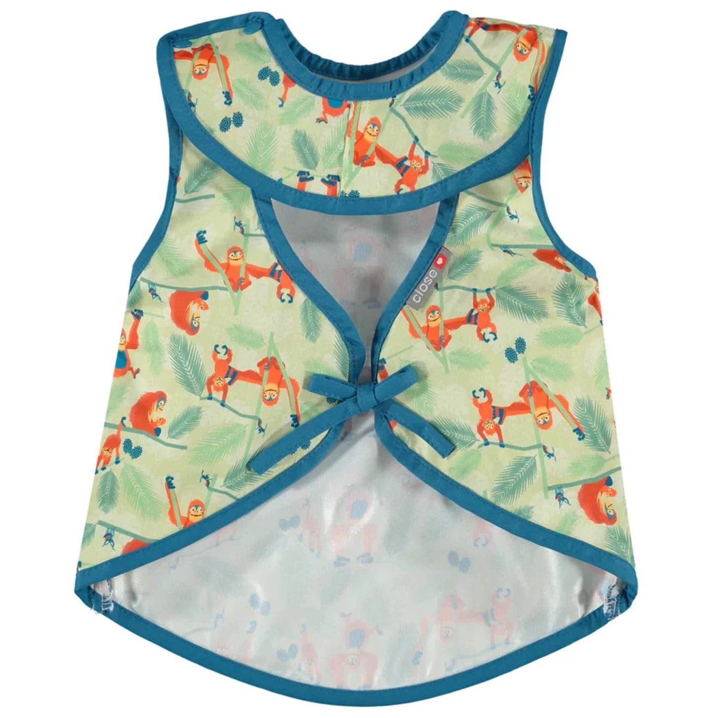 A sleeveless apron-style baby bib shown from the back with teal trim, an orangutan print and a simple tie fastening at the waist.