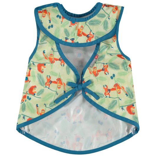 A sleeveless apron-style baby bib shown from the back with teal trim, an orangutan print and a simple tie fastening at the waist.