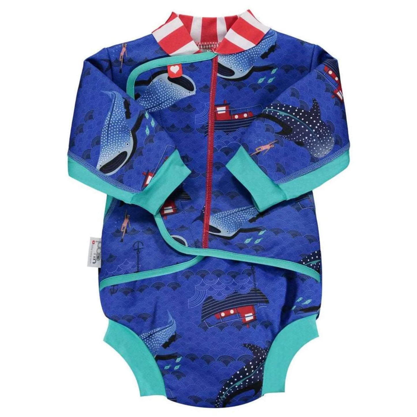Close Baby Cosy Suit with Whale Shark print shown from the front with long sleeves, teal cuffs, a red-and-white striped collar and an ocean-themed whale shark print.