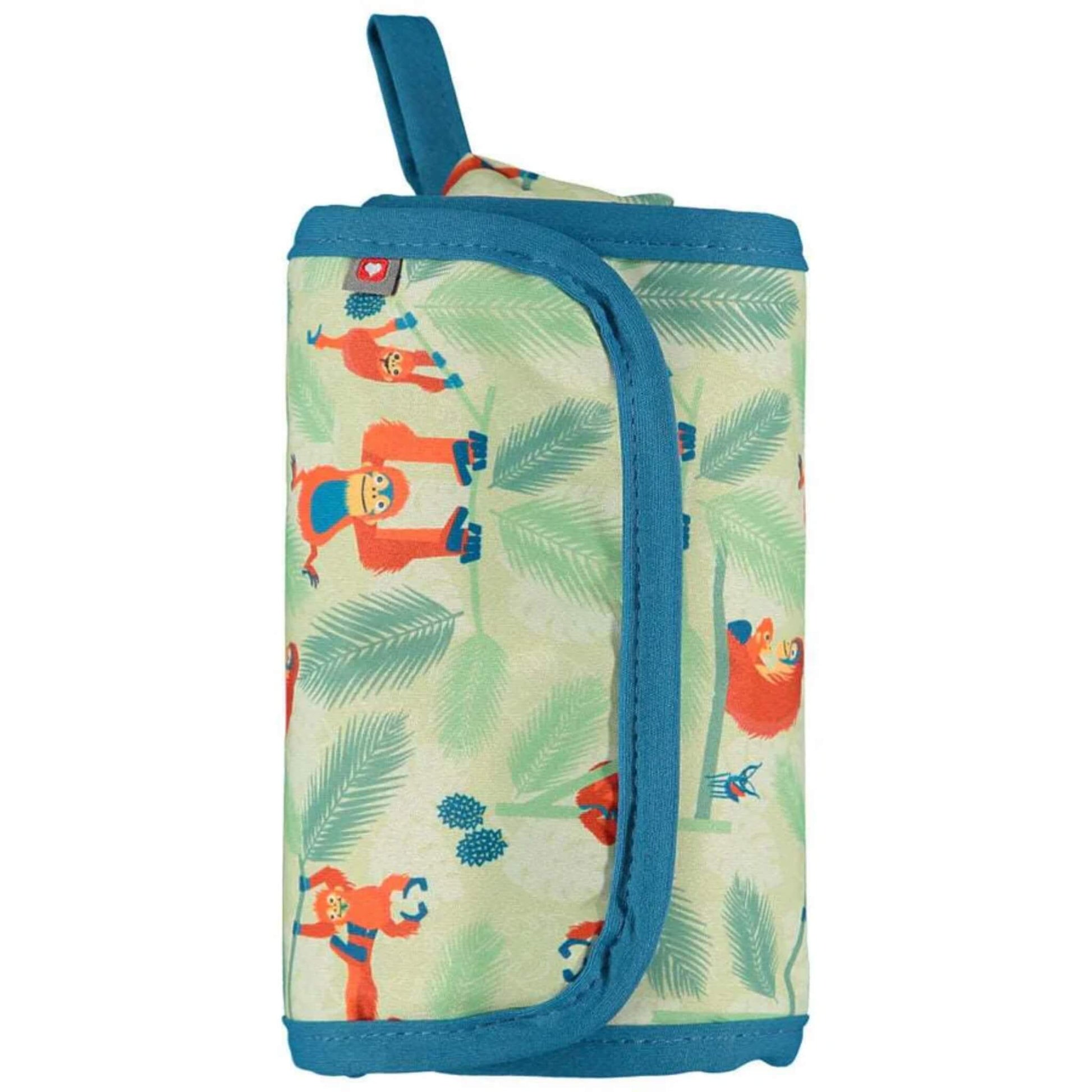 Close Change & Go Mat in the Orangutan print shown rolled and fastened, with the colourful character pattern visible on the outer fabric.