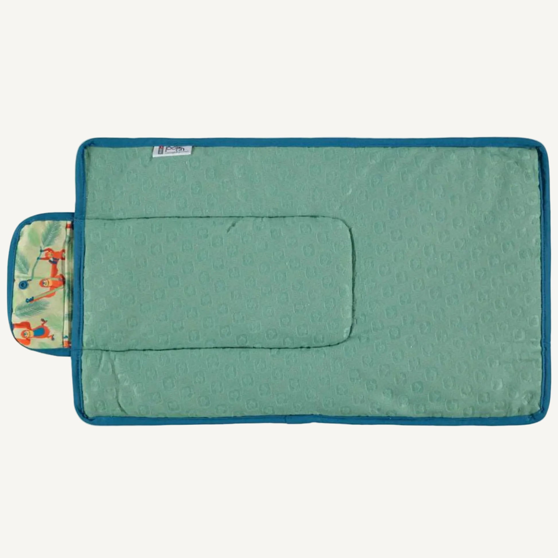 A changing mat laid flat with the soft padded side facing up, including a built-in cushioned section and stitched edging.