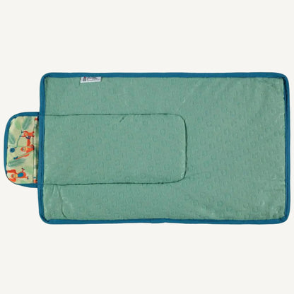 A changing mat laid flat with the soft padded side facing up, including a built-in cushioned section and stitched edging.