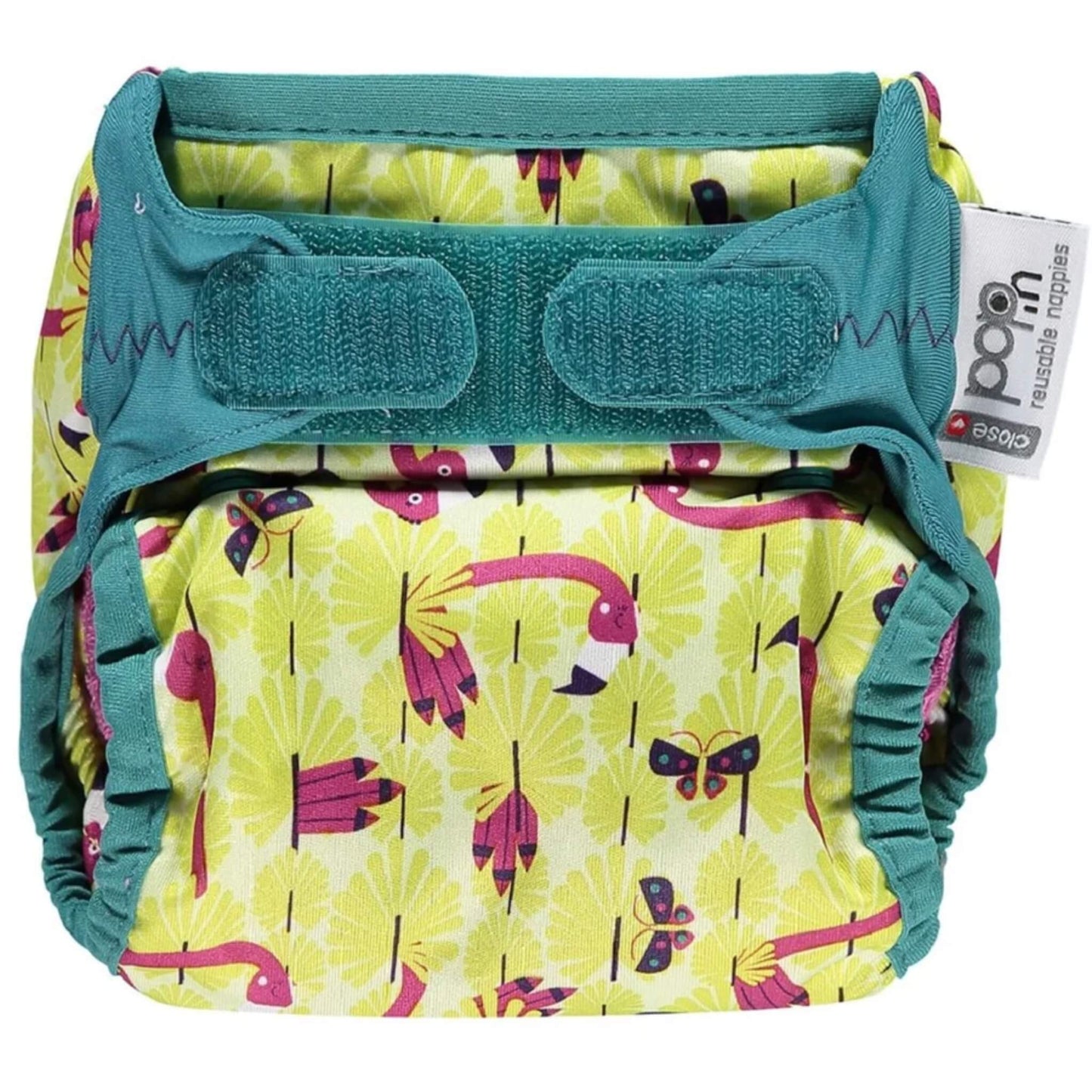 Close Nappy Cover Aplix in Flamingo print shown from the front with a teal waistband, Aplix fastening and a bright flamingo print across the main panel.