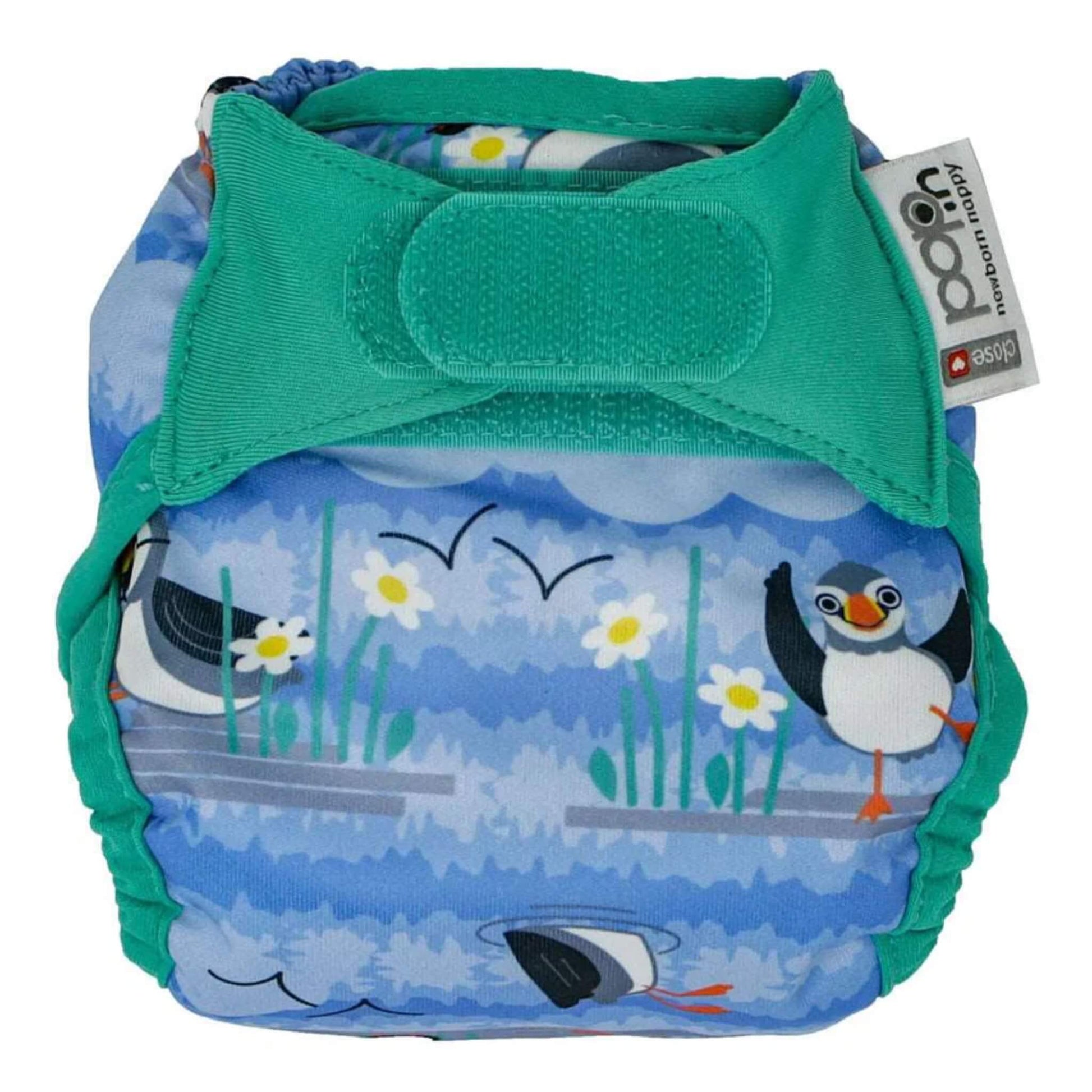 Close Newborn Nappy - Puffin Bio Laminate - shown from the front with a teal waistband and an all-over puffin print in blue and green tones.