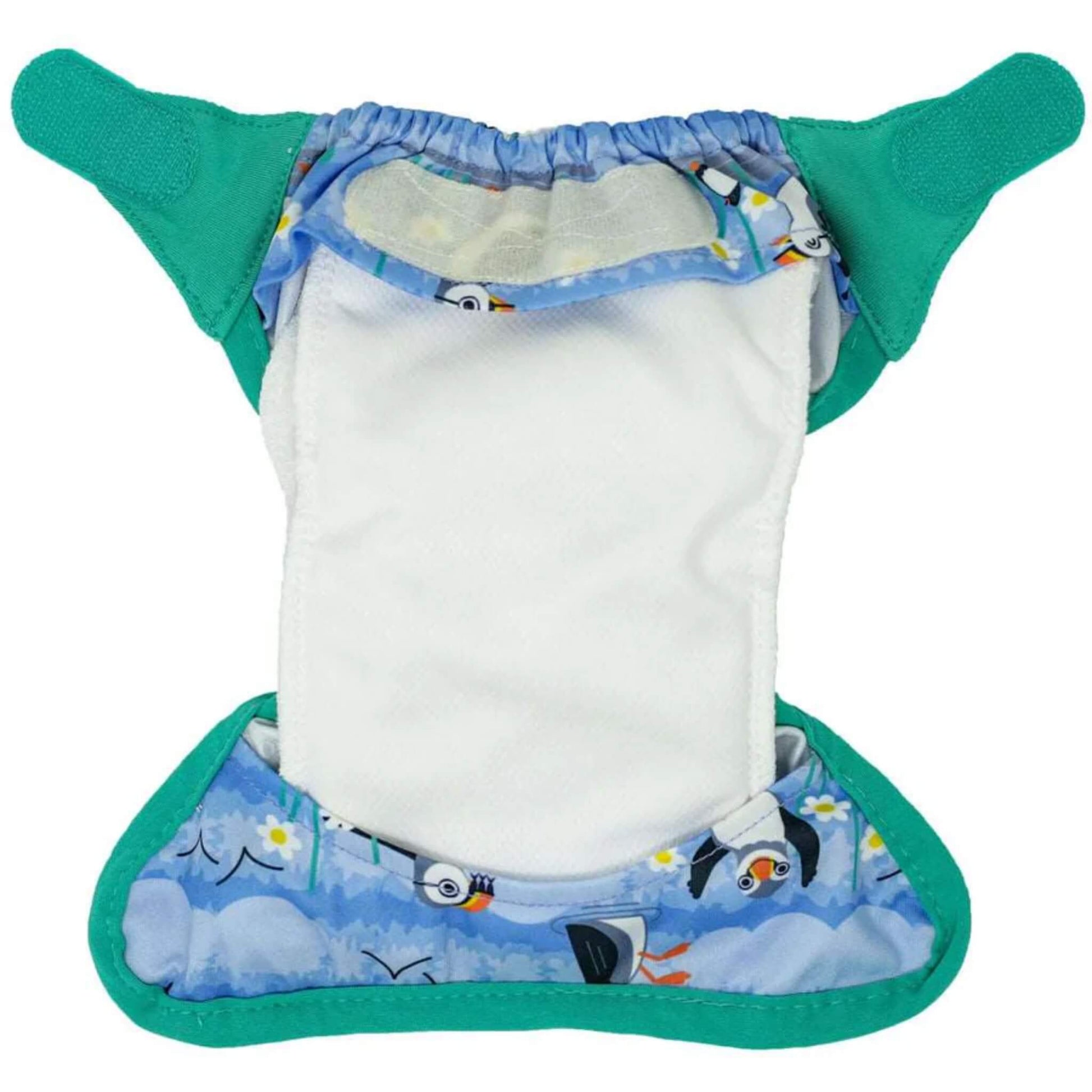 A newborn reusable nappy shown open flat with white inner fabric, teal wings and a puffin-printed outer section.