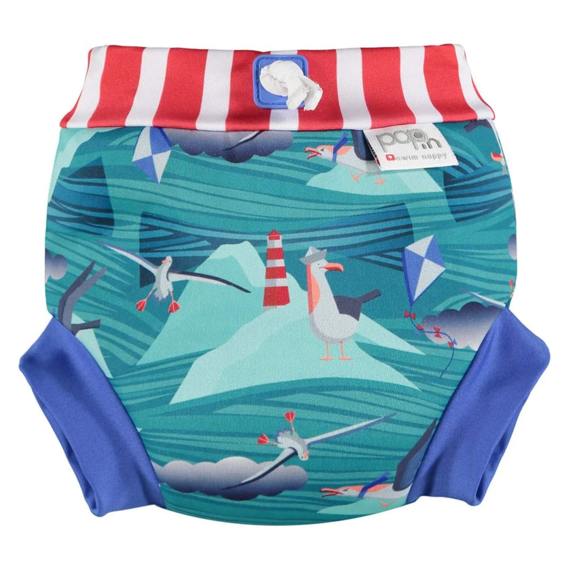 Close Swim Nappy with Albatross print shown from the front with a red-and-white striped waistband, blue leg cuffs and a teal print featuring albatross birds, waves and a lighthouse.