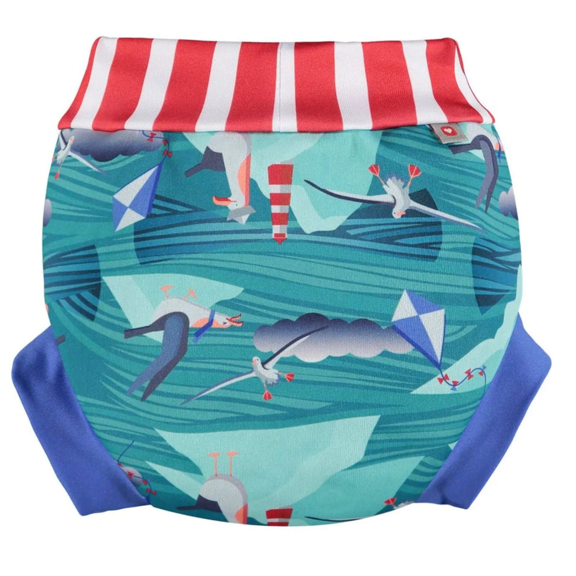 A reusable swim nappy shown from the back with blue leg cuffs and a teal albatross-themed print including birds, waves, clouds and a lighthouse.