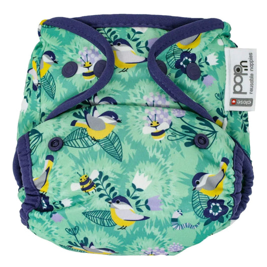 Pop-in Popper Nappy Cover in Round the Garden print shown flat with a green and purple bird and bee print, soft leg elastics and front popper fastenings.