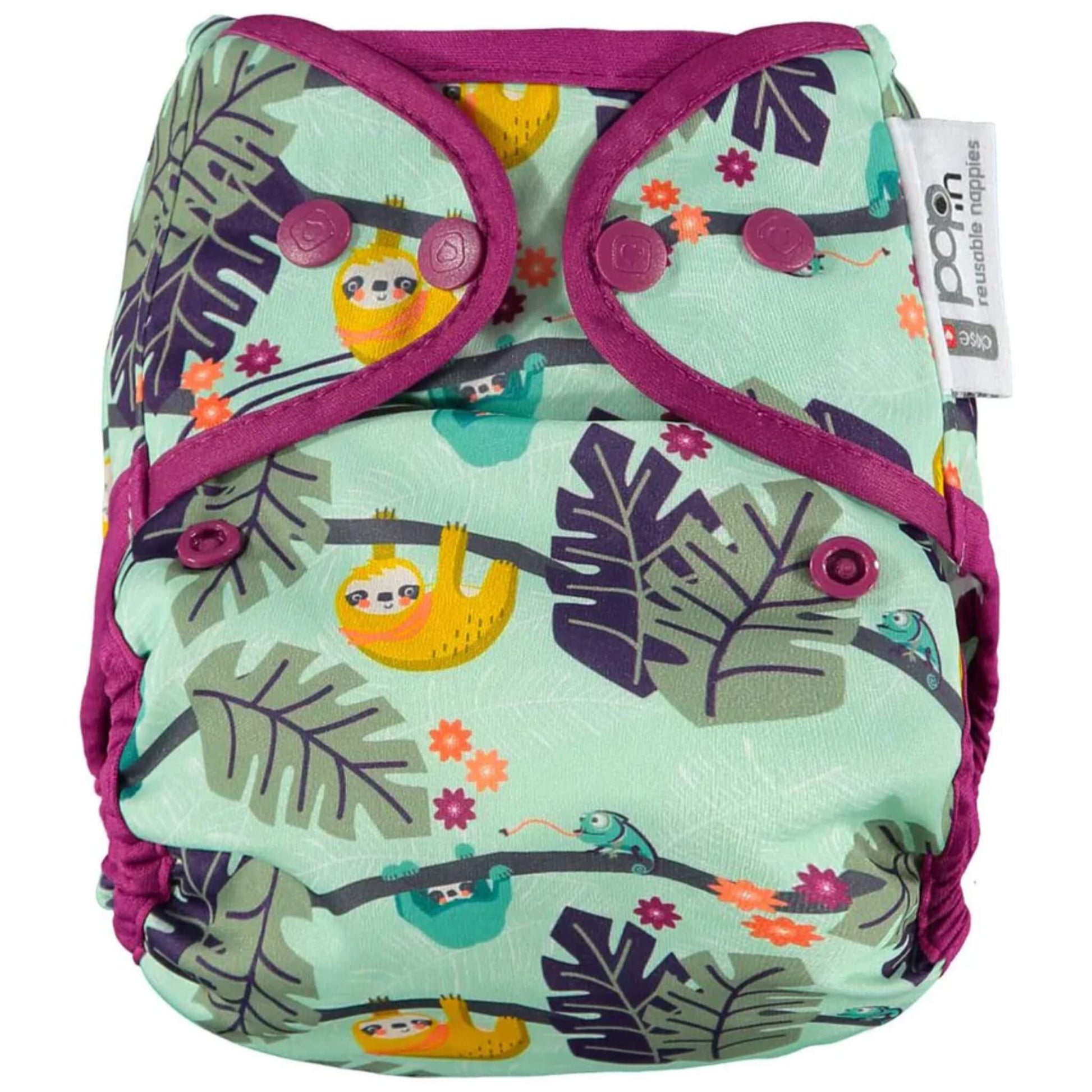 Close Pop-in Popper Nappy Cover in the Sloth design shown fully fastened with purple trim, featuring hanging sloths and tropical leaves on a mint background.
