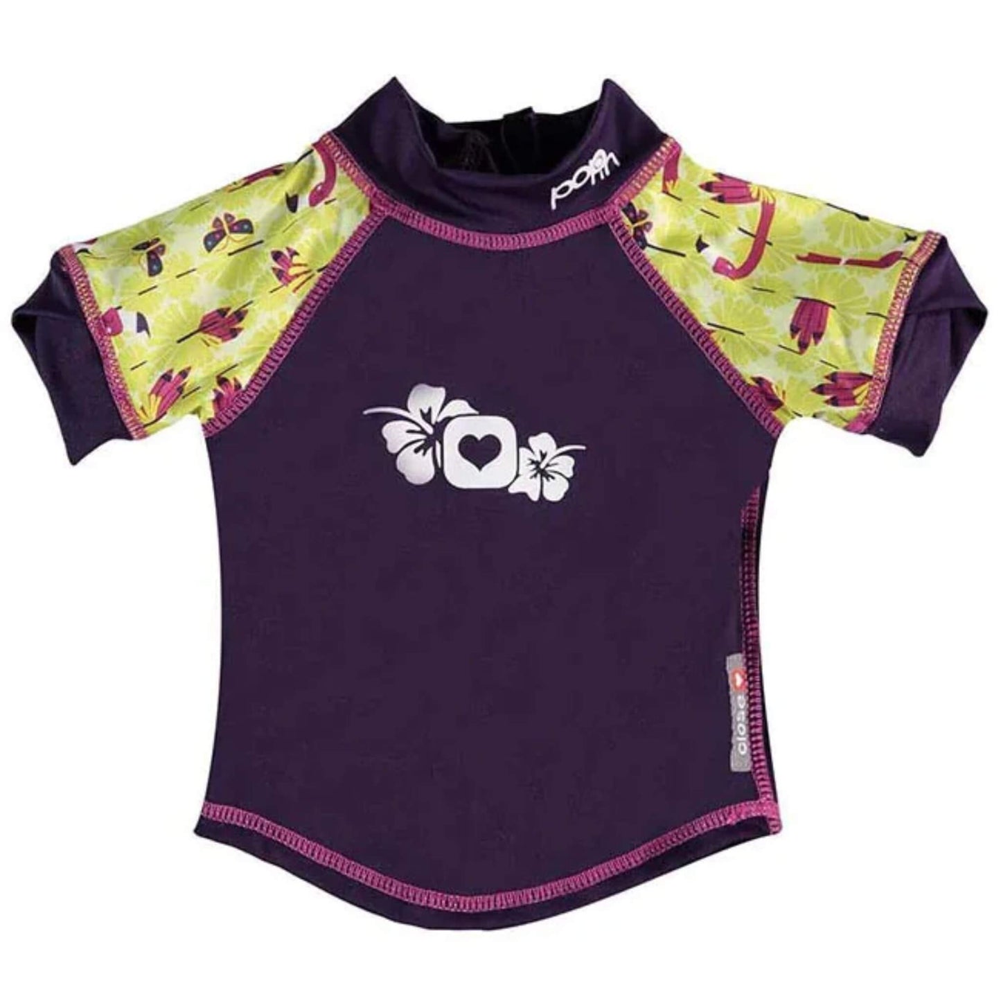 Close Rash Vest  in Flamingo print shown from the front with purple body, patterned yellow-and-pink sleeves and a white hibiscus-style chest motif.