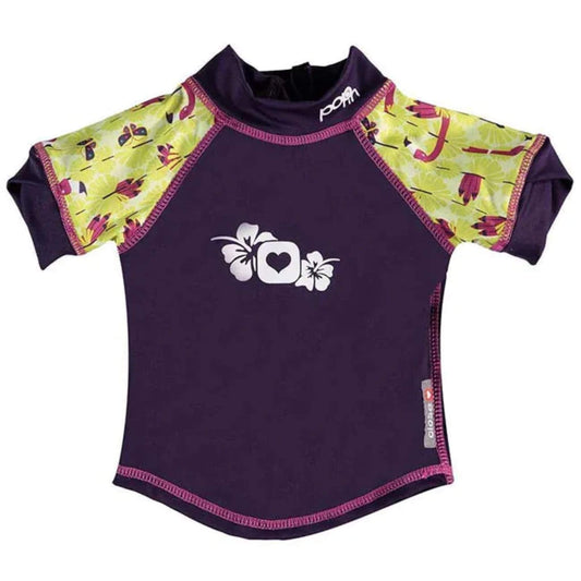 Close Rash Vest  in Flamingo print shown from the front with purple body, patterned yellow-and-pink sleeves and a white hibiscus-style chest motif.