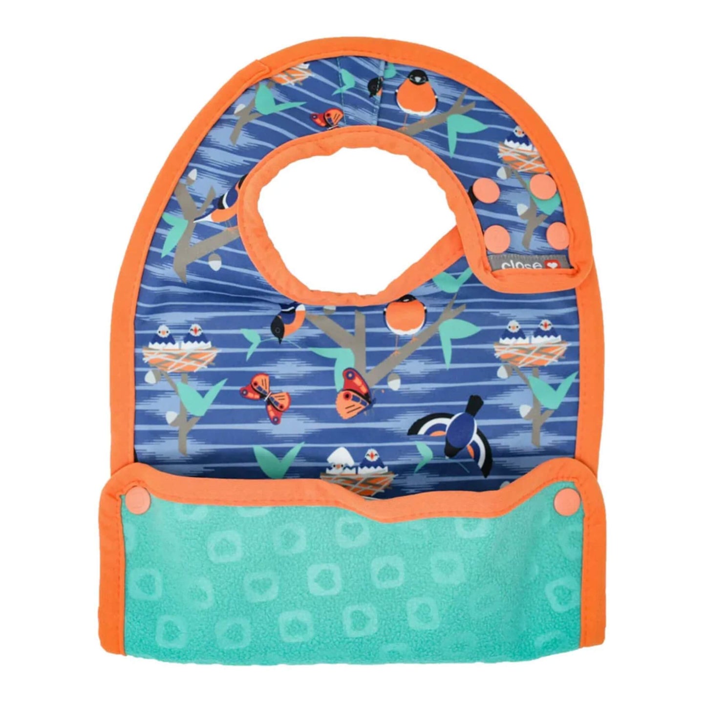Close Stage 2 Bib with Twilight Garden print shown from the front with a blue patterned wipe-clean surface, orange edging and a teal fold-up crumb catcher.