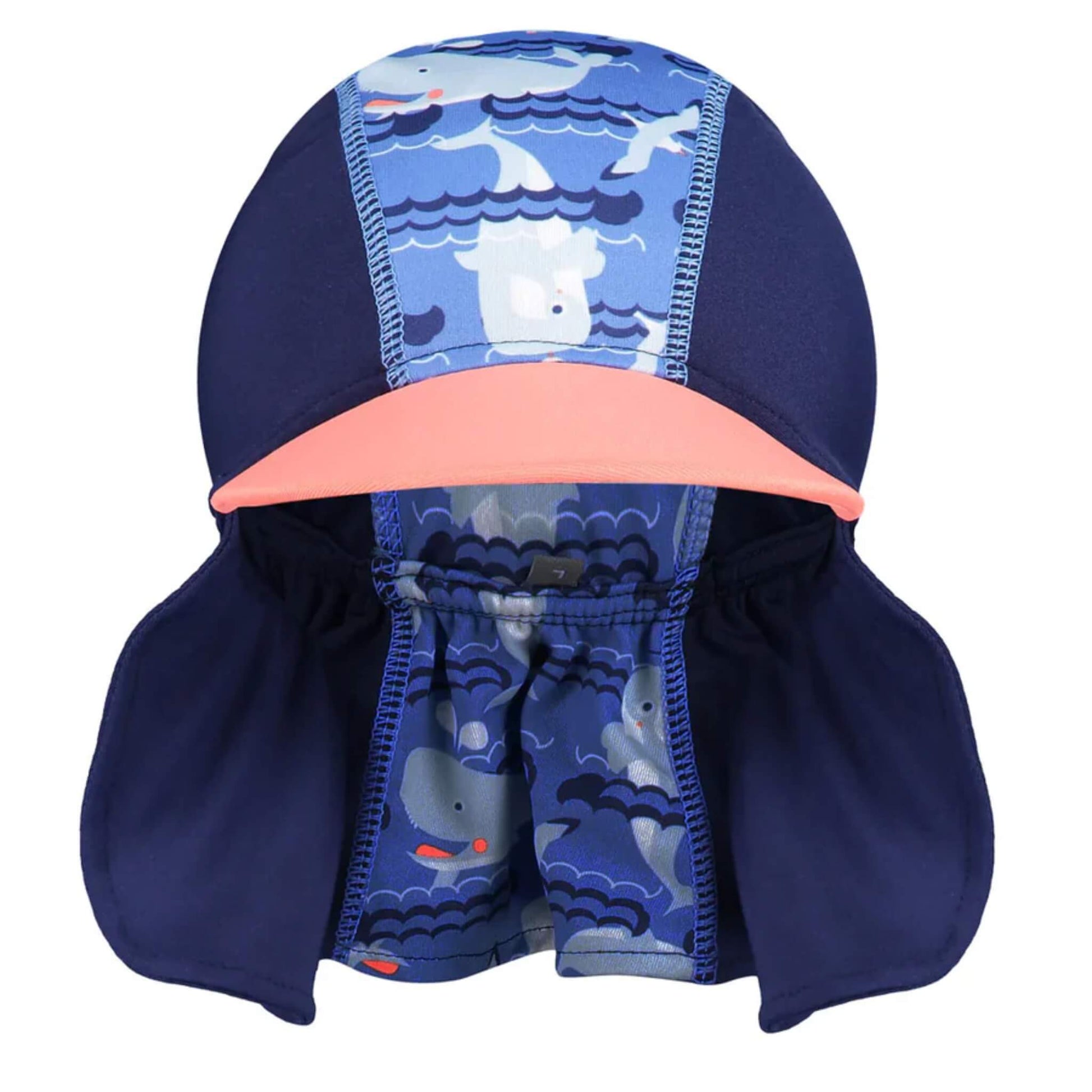 Mantaray print Close sun hat shown from the front with a coral peak, navy sides and a whale-patterned panel that extends into a long protective back flap.