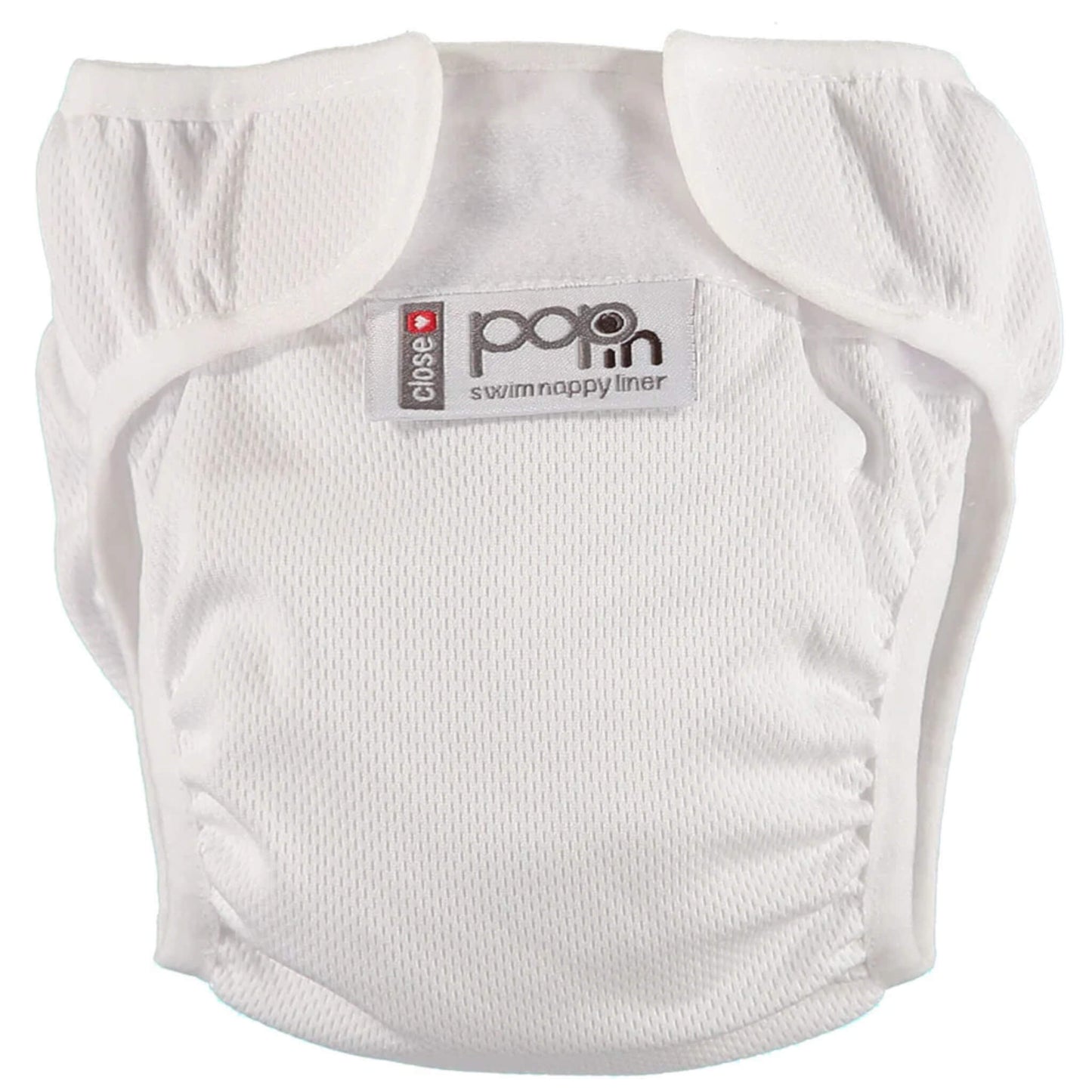 Close Pop-in white swim nappy liner shown flat with soft elasticated leg openings and wide Velcro-style tabs at the waistband. The mesh-like outer fabric is smooth and lightweight, with gentle gathers around the legs for a snug fit.