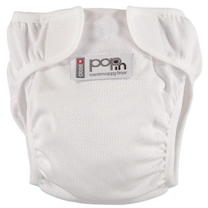Close Pop-in white swim nappy liner shown flat with soft elasticated leg openings and wide Velcro-style tabs at the waistband. The mesh-like outer fabric is smooth and lightweight, with gentle gathers around the legs for a snug fit.