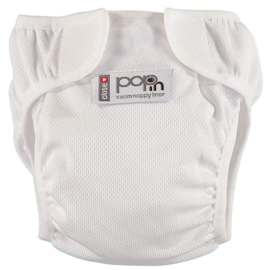 Close Pop-in white swim nappy liner shown flat with soft elasticated leg openings and wide Velcro-style tabs at the waistband. The mesh-like outer fabric is smooth and lightweight, with gentle gathers around the legs for a snug fit.