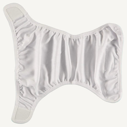 A white swim nappy liner laid completely flat to show the inner panel, featuring soft fabric, curved shaping around the legs and arms, and elasticated edges that create a close fit when fastened.