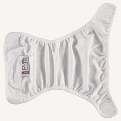 A white swim nappy liner laid open in a butterfly shape, showing the gathered elastic around the leg areas and the smooth inner fabric designed to sit against the skin.