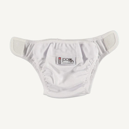 A white swim nappy liner arranged in a brief-style shape, showing the soft elastic around the legs and waistband, plus Velcro-style fastening tabs positioned at each side for easy adjustment.