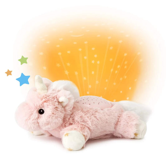 Cloud b Dream Buddies Ella Unicorn plush night-light projector in pink, displaying soft star and moon patterns in warm amber with colourful star icons.