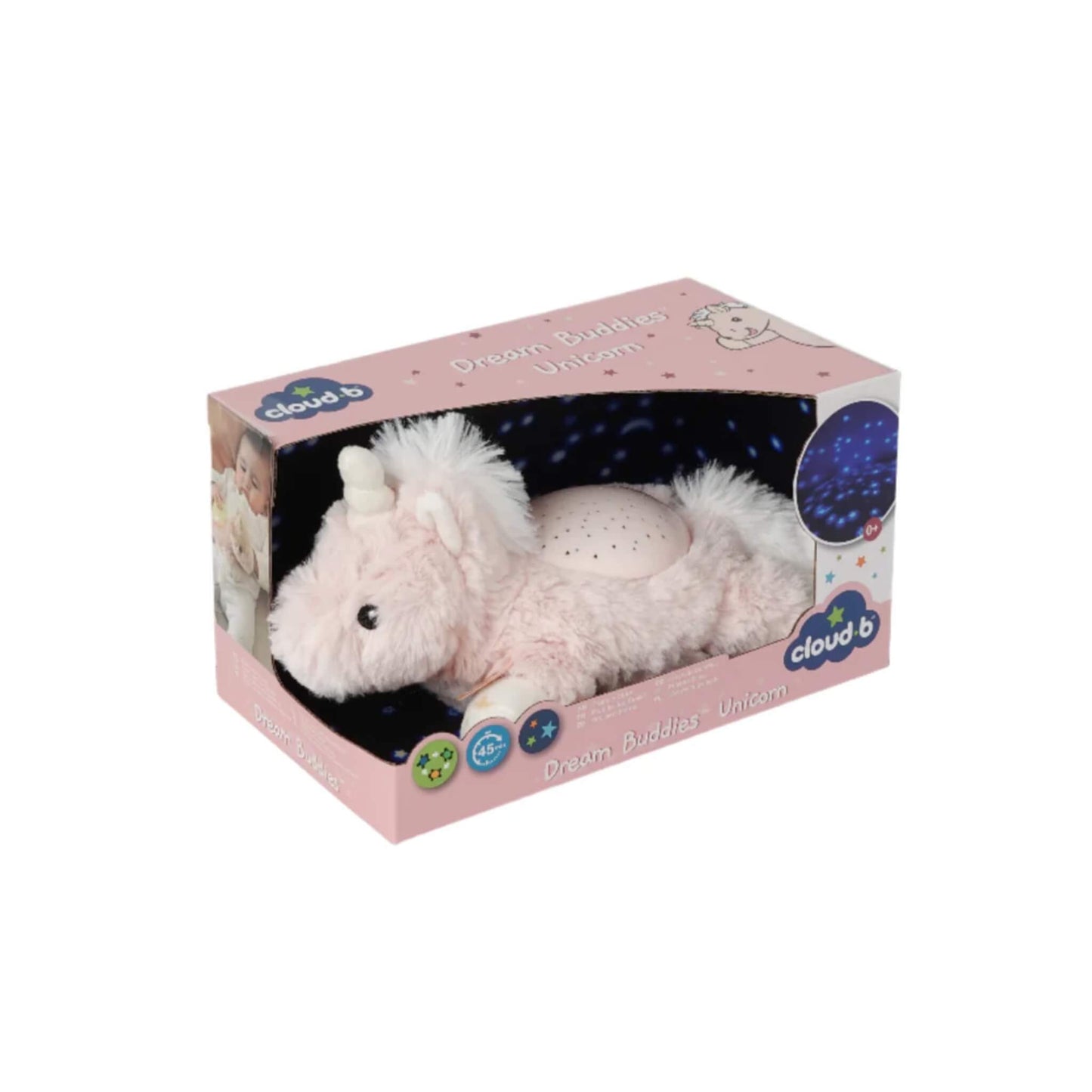 Retail packaging showing a pink unicorn plush night-light in a pastel pink box with a clear window, branded with icons for star projection and timer function.