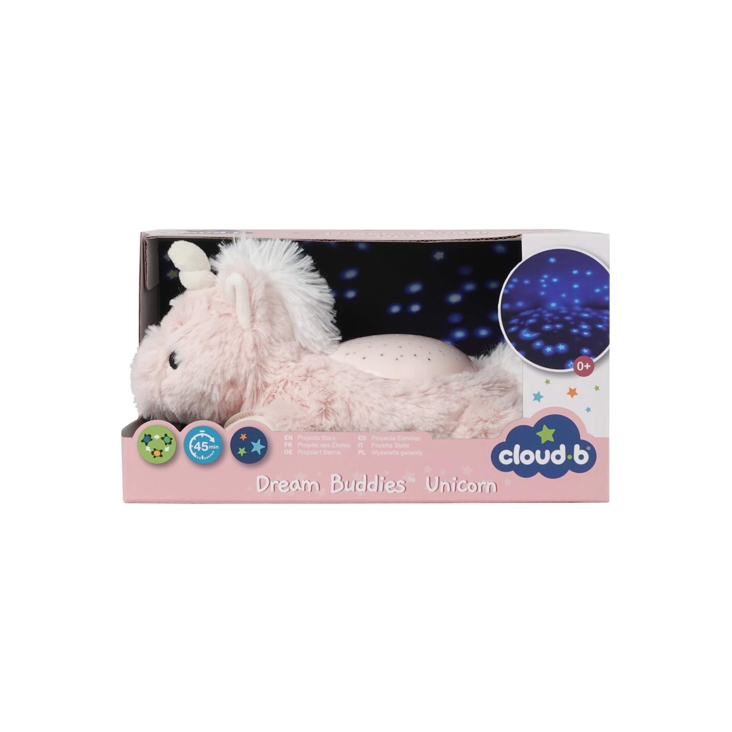 Front view of retail packaging containing a pink unicorn plush night-light, with a circular inset image of blue star projections shown against a dark background.