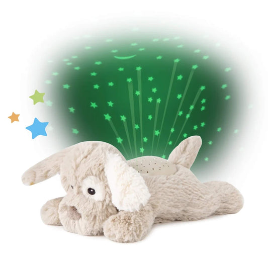 Cloud b Dream Buddies Patch Puppy night-light plush projecting green stars and a crescent moon onto the ceiling, with calming colours of blue, green, and amber.