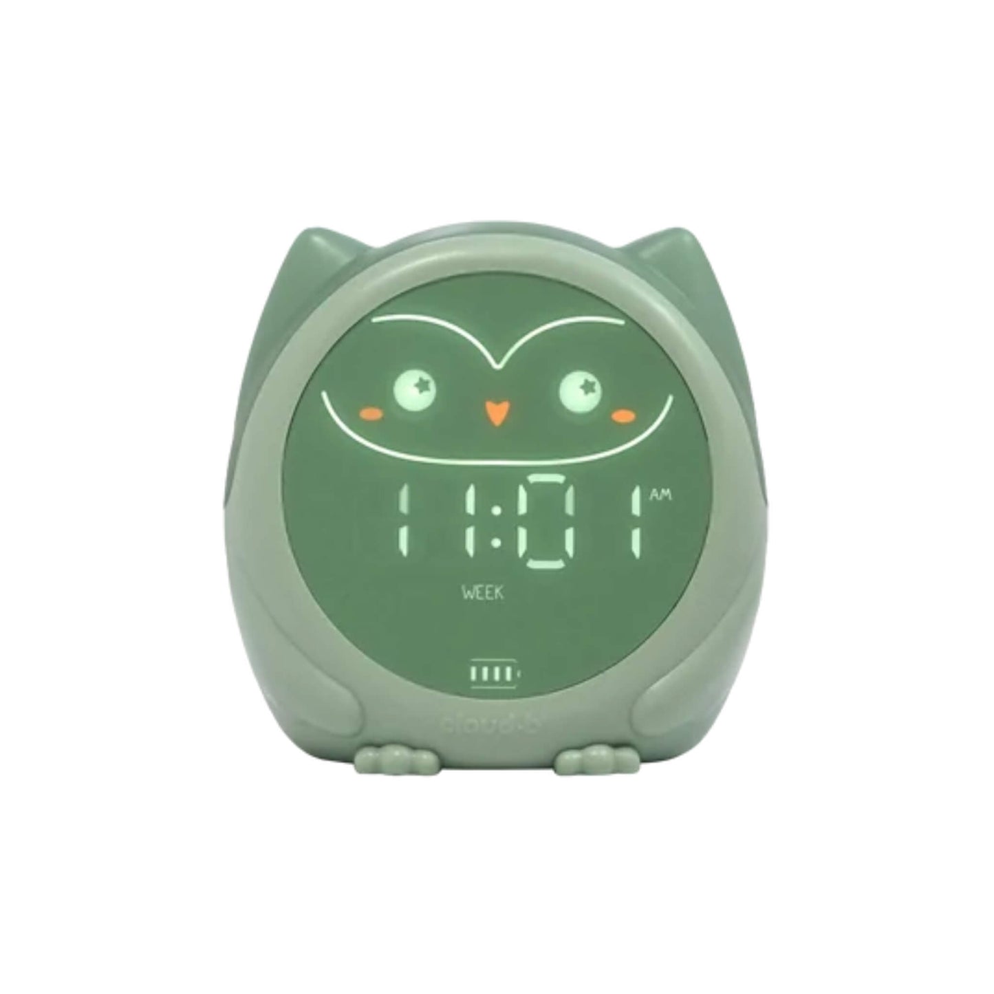 Cloud b Owlie Magical Sleep Trainer in green with a digital clock display and illuminated owl face.